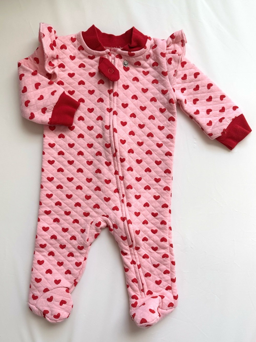Pink Heart-Print Footed One-Piece with Red Trim